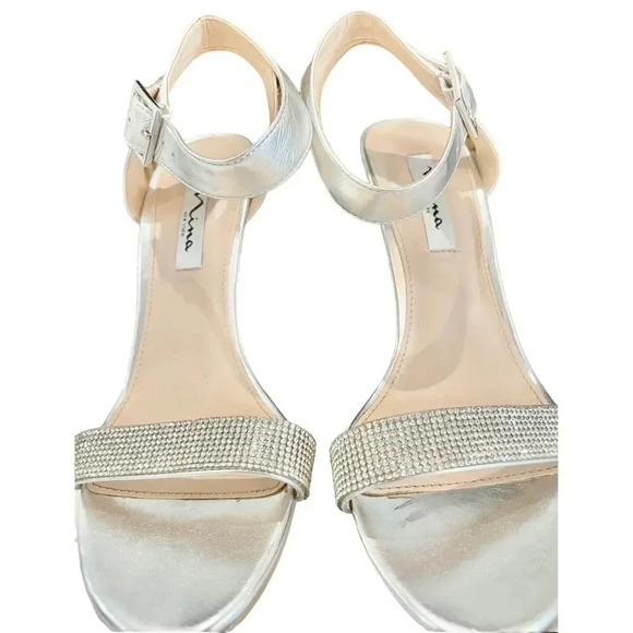 Nina Solange My  Silver Metallic Rhinestone Ankle Strap Chunky Heel Women's 9 M - Picture 2 of 7